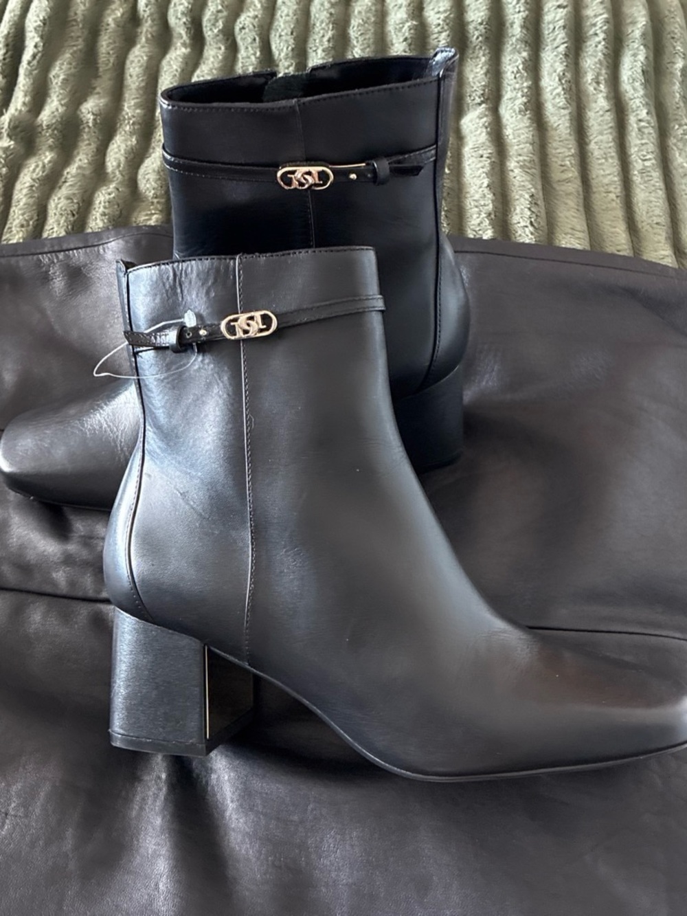 Dune London Black Leather Block Heel Ankle Boots with Gold Hardware